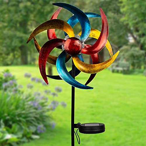 Colourful Solar Windmill – Durable Iron & Glass Staked Wind Spinner with Multicolour Vanes & Solar Powered Light Up Crackle Glass Ball - Outdoor Garden Summer Decoration, Measures H92 x W23 x D12.5cm
