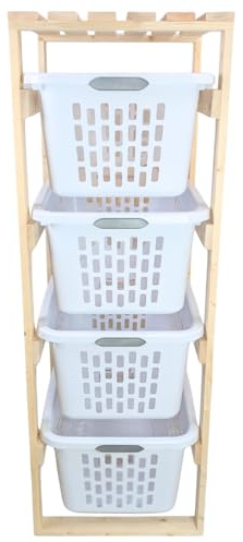 4 Tier Narrow Solid Wood Laundry Basket Storage Organizer