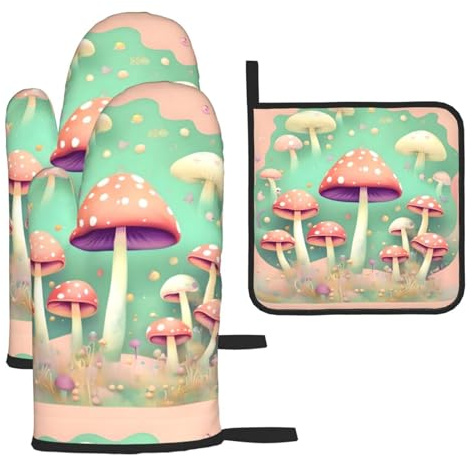 Dream - Set di 3 guanti e presine antiscottatura a funghi per cucina, cottura e grigliata, regalo di Natale per la festa della mamma