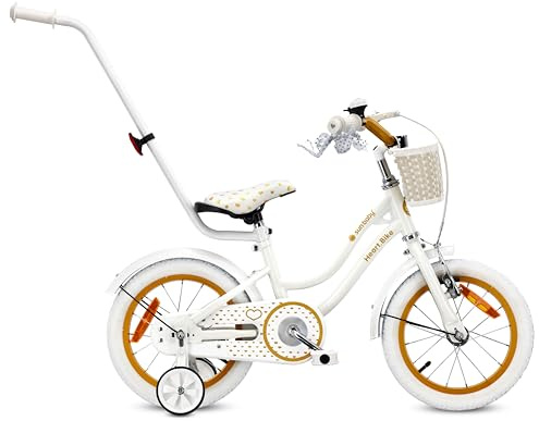 sun baby HEART BIKE Barncykel 14 tum, Cykel för barn 2-6 år, Cykel med stödhjul, pushbar, justerbar sadel och styre (Vitt Guld)