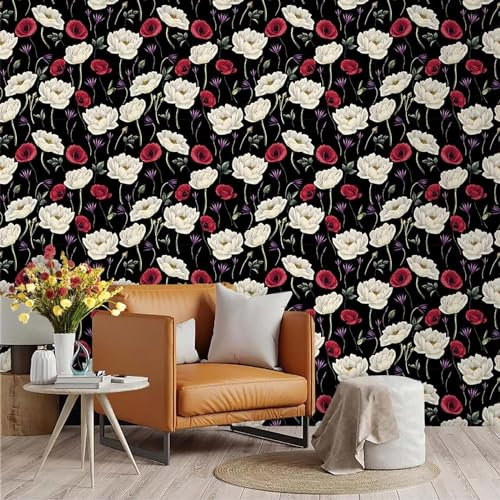HAvern Autocollants pour carrelage de Cuisine 45 x 300 cm - Fleurs Rouges Blanches à Coller sur carrelage - Carreaux de Sol à décoller et à Coller 3D - Autocollants pour carrelage Mural d