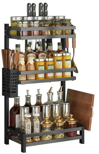 Heikoeco ® Gewürzregal Küche, Küchen Organizer mit 2-3 Ebene, Gewürzregal stehend mit Messerhalter & Haken, Gewürzständer aus Metall, Küchenregal für Küche, Esszimmer (3 Ebene mit Zubehör)