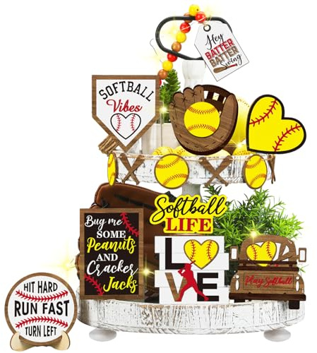 FairySandy Softball-Tablett, abgestuftes Tablett, Dekoration, Softball, Geburtstagsparty, Dekoration, Softball, Holz, Tischdekoration, rustikales Softball-Spielschild für Fans,