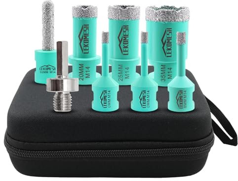 LEKOMESH Diamond Hole Saw Set - 8 pcs Tile Cutter (6/6/8/20/25/35mm+10mm Finger Bit+Adapter) for Porcelain Tile Ceramic Marble Granite Stone, M14 Thread