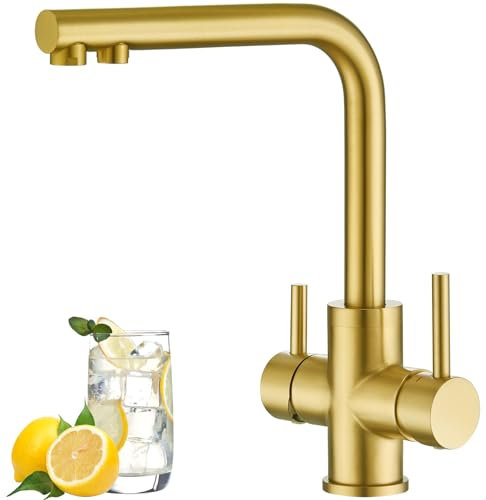 CREA grifo de cocina 3 vías, giratorio 360°, mezclador de tres vías, 2 palancas, oro cepillado