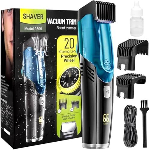 Elektrischer Schnurrbartschneider, Vacuum Beard Shaver for Men, Barttrimmer Herren, IPX6 Wasserdichter Bartschneider Mit 2 Kämmen, Wiederaufladbarer BartTrimmer Für Schnurrbart Koteletten（Blau）