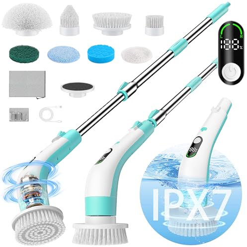 Vaxbree Electric Spin Scrubber with LED Display, IPX7 Waterproof Powerful Shower Scrubber, 2H Runtime, 2 Speeds, Adjustable Handle, 8 Brush Heads for Bathtub Tile Car-Green and White