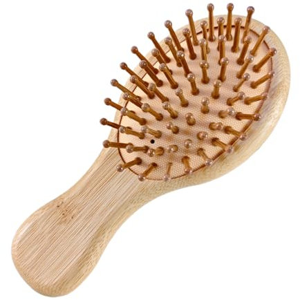 Revitalizing Mini Bamboo Hairbrush ， Ergonomic Handle & Static-Free Rounded Pin Detangler for Stimulating Scalp Massage & Promoting Healthy Hair Growth ， Compact Natural Wooden Scalp Brush for Women