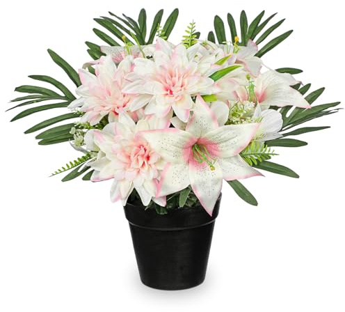 Hollyone Künstliche Friedhof Blumen für Grabschmuck, Kunstblumen im Topf für Grab, Rosa Künstlicher Dahlien und Lilien Deko Blume Grabgesteck Gedenkstätte Seidenblumen
