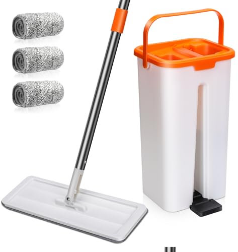 MASTERTOP Balai Microfibre et Seau Essoreur Mop Plat Rotatif et Seau Auto-Essorage Petit&Léger avec Mains Libres Vadrouille pour Nettoyage de Sol Humide & Sec avec 3 Serpillères (Orange)