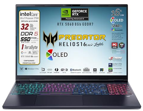 Acer Predator Helios Neo 16s Ai, Notebook Gaming, Intel Ultra 9-275HX, 24core, RAM DDR5 32Gb, SSD 1Tb, Display 16 Oled 240Hz, DCI-P3 100%, Geforce RTX 5060 8Gb, Win 11, Preconfigurato
