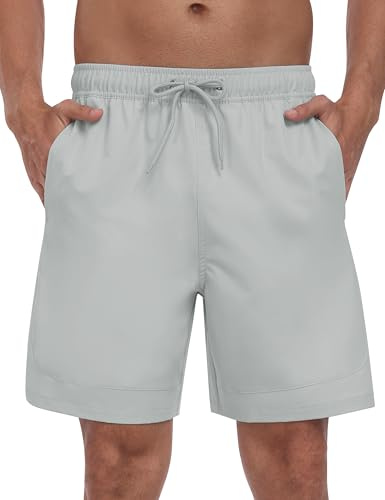MoFiz badshorts herr badbyxor 2 i 1 med kompression ventilerande sportsimbyxor snabbtorkande träningsshorts med 4 fickor, LJUSGRÅ, 3XL