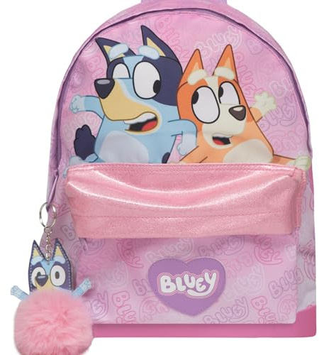 Bluey & Bingo Pink Backpack – Nursery & School Bag with Glitter Trim Front Pocket, Water Bottle Holder & Pom Pom Keyring – Official Girls & Boys Rucksack, Ages 3+