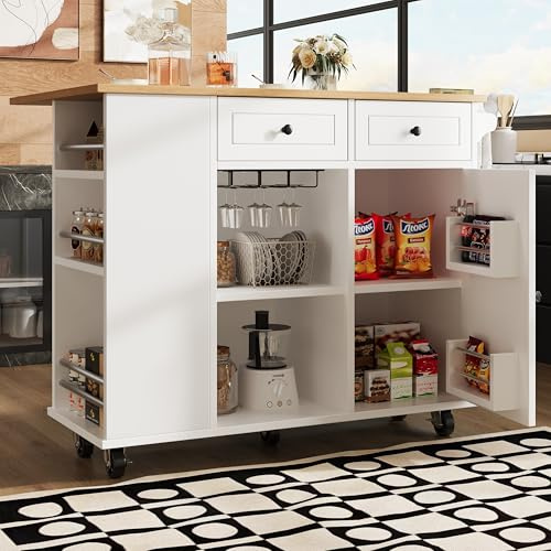 Wyibwy Carrello Isola Cucina su ruote con piano di lavoro pieghevole,isola Cucina Mobile con porta snack e porta bicchieri da vino,carrello da pranzo con divisori estraibili,120x42x91.5 cm,bianco