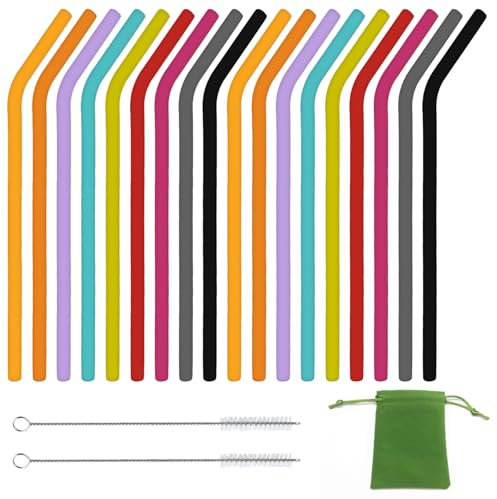 ZYNERY 18 Pièces Pailles Réutilisables en Silicone, Pailles Colorées et Incurvées pour Boissons Froides, avec Brosse de Nettoyage et Sac de Rangement | Sans BPA | Adaptées Café/Thé/Jus (9 Couleurs)