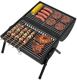 BBQ Kingdom Portable Barrel Charcoal BBQ Grill, Chimney, Folding Legs, Dual Cooking Grates, Wooden Handle, Shutting Clasp, Black Metal Construction