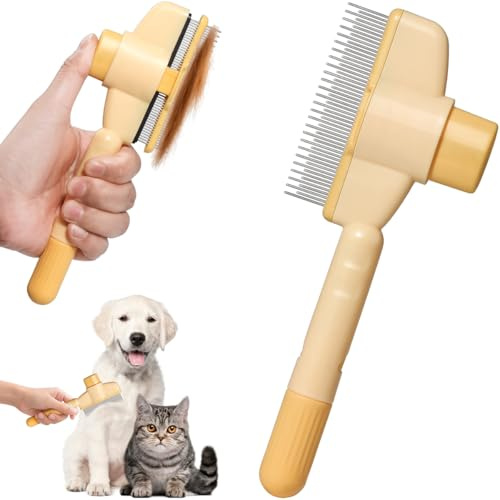 Selbstreinigender Flohkamm für Katzen & Hunde – Fellpflege Kamm zur Entfernung von Flöhen, Haaren und Knoten, Fellpflegebürste mit Ein-Knopf-Reinigung, Ideal für Tierpflege (Gelb)