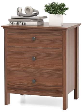 COSTWAY Table de Chevet 3 Tiroirs, Table de Nuit Bois, Chevet de Lit pour Chambre, 56 x 45 x 66 cm, Tiroir Coulissant, pour Salon, Chambre (Noyer)