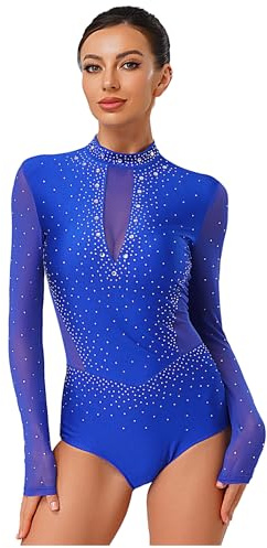 iiniim Ballet Bodysuit for Women Sequin Long Sleeves Latin Dance Leotard Turtleneck Gymnastics Dancewear Royal Blue M