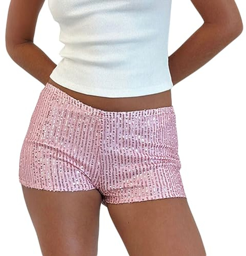 Womens Y2k Sequin Micro Shorts Sexy Elastic Low Rise Fitted Glitter Mini Shorts Rave Party Sparkle Hot Pants (01Pink, L)
