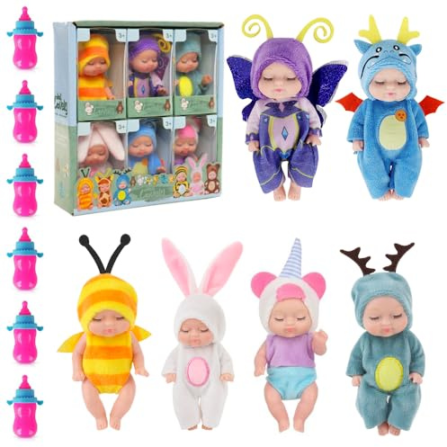 JOAASU Mini Reborn Puppen, 6 Stück Mini Baby Puppe, Babypuppe, MiniBabypuppe, 4,3 Zoll Puppe und Kleidung Set, Realistische Babypuppe, für Mädchen, Kleinkinder und Kinder (Bademantelserie) (J)