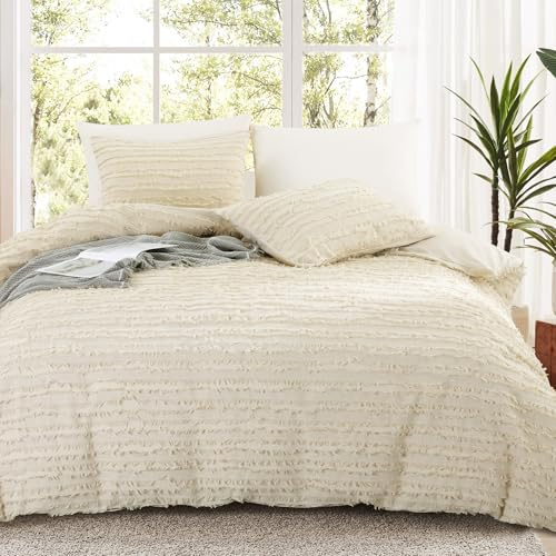 HOMBYS Textured Linen Stripe Duvet Cover Set Queen/King Size, 3 Pieces Linen Like Woven Bedding Set for All Seasons, Includes 1 Duvet Cover & 2 Pillowcases, King 104x90