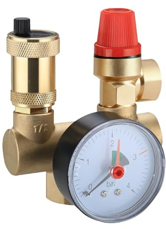 BRGD Sicherheitsgruppe Überdruckventil Boiler, DN25 Messing Schnellentlüfter mit Manometer für Haus, Hotel, Büro Heizungsanlage Heizung