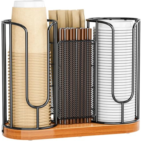 Porte-tasses à café et couvercles – Organiseur de pailles jetables avec base en bois – Distributeur de gobelets en papier plastique pour comptoir, station de café, bar, restaurant, bureau, salle de