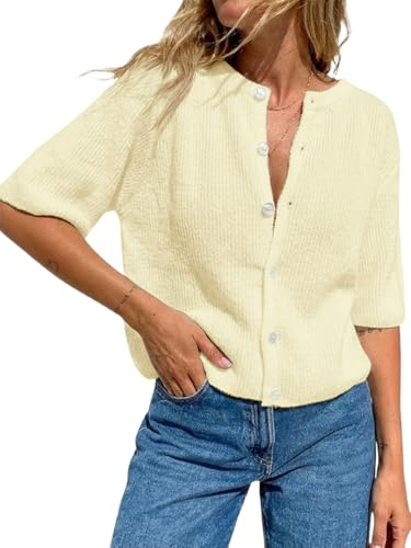 Fisoew Womens Short Sleeve Cropped Cardigan Sweaters Button Down Lightweight Knit Blouse Tops Casual Summer Shirt Apricot