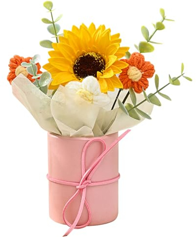BSITSSS Bouquet di Girasole Artificiali All'uncinetto, Decorazioni Floreali Conservate Fatte a Mano, Piccolo Bouquet di Fiori Artificiali per Lauree, Matrimoni, Compleanni, Festa Della mMamma