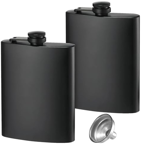 2 Pack Hip Flasks for Liquor with Funnels, 8oz & 12oz Food-Grade Stainless Steel Pocket Flask Set, Leakproof & Slim Metal Spirit Flasks for Men & Women, Festivals, Outdoor & Wedding Gifts-Matte Black