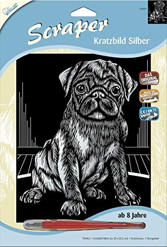 Mammut 136055 Scratching Picture, Pug Dog Motif, Silver, Glossy, Complete Set with Scratching Knife and Exercise Sheet, Scraper, Scratch, Doodle, Scratch Set for Children from 8 Years