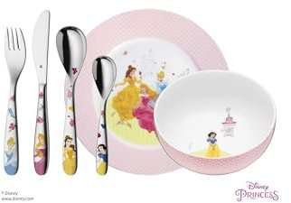 WMF Disney Princesas - Vajilla para niños 6 piezas, incluye plato, cuenco y cubertería (tenedor, cuchillo de mesa, cuchara y cuchara pequeña) (WMF Kids infantil)