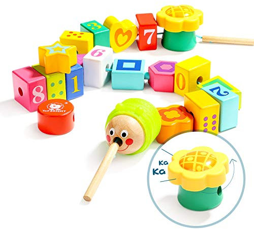 Top Bright Wooden Lacing Beads and String for Toddlers, Kids Threading Toys for 2 3 Year Olds, Fine Motor Skills Montessori Toys for Two Year Old Preschool Boy Girl Gifts Age 2