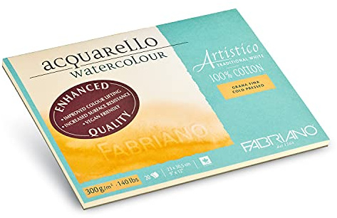 Honsell Fabriano Artistico Acquarello Watercolour, bianco naturale, grana fine pressata, 23x30,5cm, 20 fogli da 300g/m², cartoncino per acquerello di alta qualità, blocco 4 lati, vegano (71-19012330)