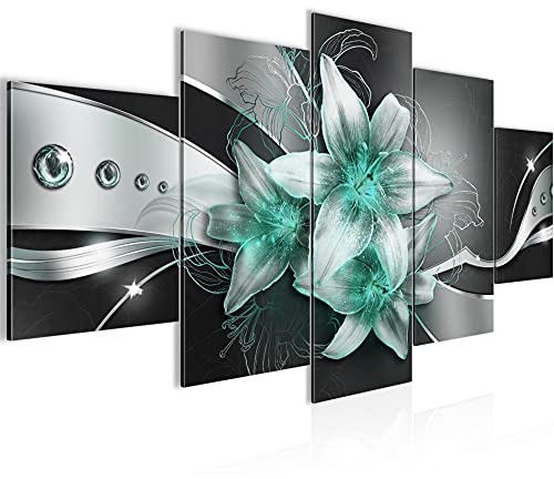 Runa Art - Bilder Blumen Lilien 200 x 100 cm 5 Teilig XXL Wanddekoration Design Schwarz Türkis 039651b
