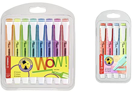 Stabilo Evidenziatore swing cool, Astuccio da 8, Colori Assortiti & Evidenziatore swing cool Pastel Astuccio da 4 Rosso Corallo/Fior di Ciliegio/Azzurro Nuvola/Lime