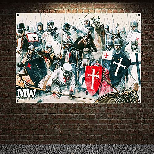 Mittelalterliche Ritter Christi Geschichte, Poster, Banner, Wandkunst, Vintage-Stil, Tempelritter, Wandbehang, Kreuzblumen, Gemälde, Heimdekoration, 96 x 144 cm (38 x 57 Zoll)