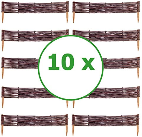 BOGATECO Lot de 10 bordures/clôtures de parterre, décoratives, en saule/bois/osier, à emboîter, pour la pelouse, le jardin comme délimitation de chemin, 60 x 10 cm (L x h)