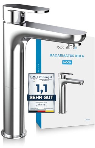Bächlein Badarmatur Keila hoch in klassischem Design, extra hoher Einhebelmischer für Aufsatzwaschbecken mit Montage-Set, Bad Wasserhahn Chrom - klassisch hoch