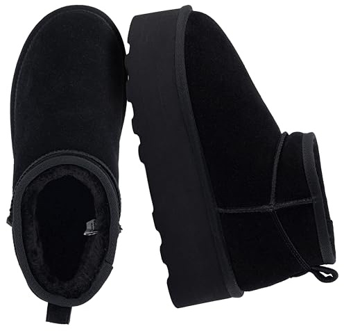CUSHIONAIRE Hippy Women’s Platform Ankle Boots – Genuine Suede, Faux Fur Lining, Cozy Winter Slip-On Design Mini boots, BLACK 11
