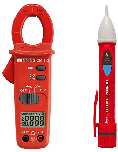Benning CM 1-2 Digital- Stromzangen-Multimeter, 44062 & TRITEST easy Berührungsloser Phasenprüfer (Prüfart 1-polig, Phasenprüfung an Steck- und Abzweigdosen, Spannungsmessbereich 200 V - 1000 V AC)