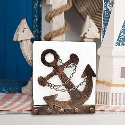 OwlGift Porte-serviettes vintage en métal avec ancre nautique et chaîne, rangement autonome pour serviettes de table, distributeur de serviettes en papier sur le thème de la marine, trieur de lettres