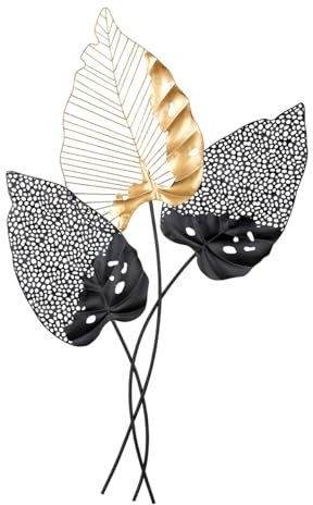 GILDE Deko Wandrelief Wanddekoration XXL - 3D Metall Bild Blätter - Dekoration Wohnzimmer - Farben: Schwarz Gold - 65 x 107 cm