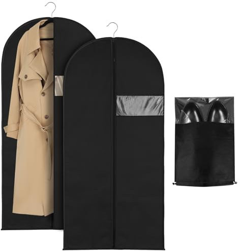 RosewineC 2 Stück Kleidersack mit Schuhbeutel, 120 x 60 cm Schwarz Kleidersäcke mit Reißverschluss, Mottensicher Anzugtasche Lang Kleidersack zur Aufbewahrung Kleiderhülle für Kleider Hemden