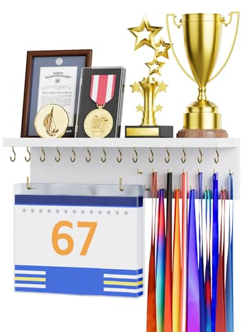 DSVENROLY Medaillenhalter aufhänger mit Trophäenorganizer mit 29 Haken, Stabiler Pokal Ausstellungsständer aus Holz, Wandhalterung Startnummern Auszeichnung Regal für Sportfans, Perlweiß