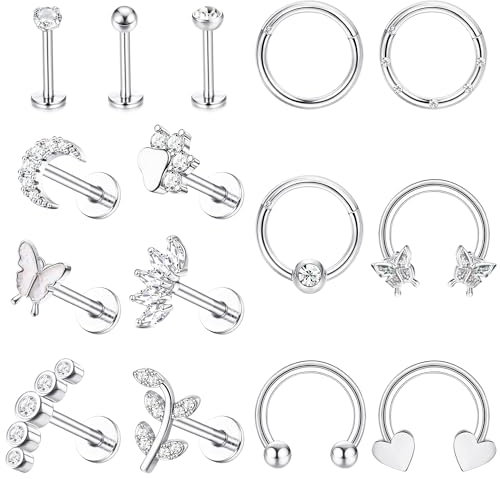 Krfy 15Pcs Tragus Piercing Ohr Set Chirurgenstahl Ohrringe Creolen Silber für Damen Herren Hypoallergene Helix Conch Labret Rook Nasen Piercing Ring Schmuck