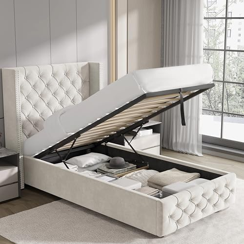 Blisswood Ottoman Storage Bed With Mattress, 3ft Single Upholstered Bed Frame, Ottoman Bed With Storage Gas Lift End Opening Wooden Slats Single Bed Frame (Mattress Included)