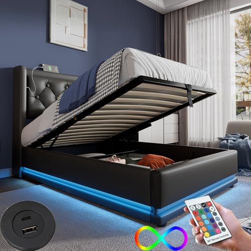 Letto Singolo Con Contenitore 90x200 cm, LED e USB Type C - Imbottito Con Testiera e Vano Portaoggetti, Rete a Doghe, Struttura PU