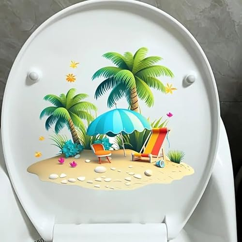 Autocollants muraux imperméables pour abattant de toilettes, motif fleurs et papillons - Plage d'été - Motif cocotier